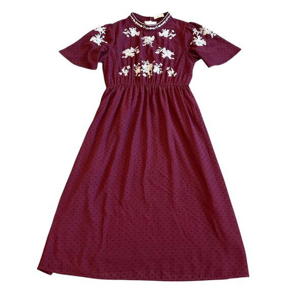 Bohme Burgundy Midi Dress White Embroidered Flowers Bohemian Size Medium Women's - Picture 1 of 11